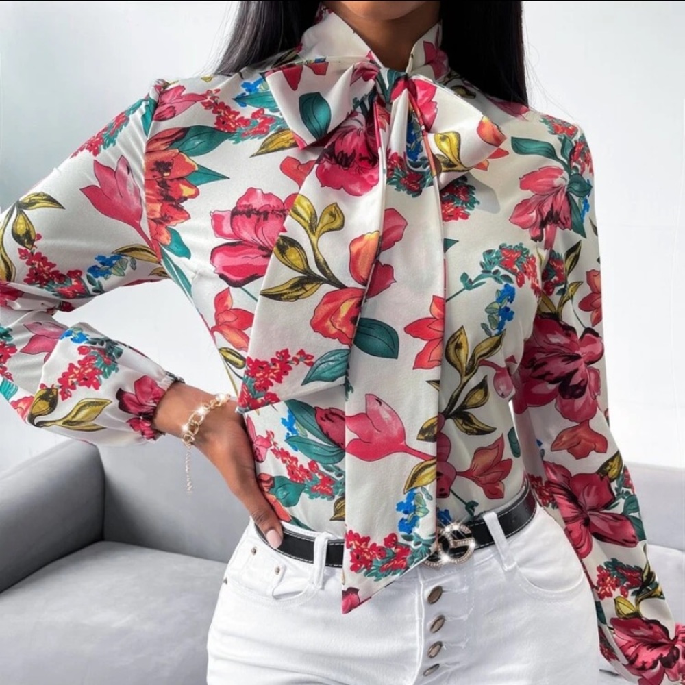 Floral Print Tie Neck Blouse